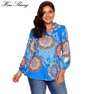 Hua Shang Women Autumn V Neck Long Sleeve Casual Tunic Blouse Retro Vintage Printing Women Tops Plus Size Women Clothing Shirt