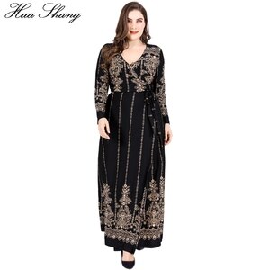 Retro Golden Floral Print Vintage Dress Winter Women V Neck Long Sleeve High Waist Wrap Dress Plus Size Maxi Long Party Dresses