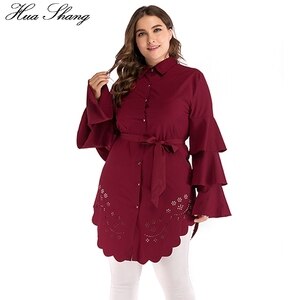 Casual Ruffles Sleeve Women Shirts Blouse 2018 Long Sleeve Hollow Out Irregular Ladies Tops Plus Size 5XL Moslim Long Tops Shirt