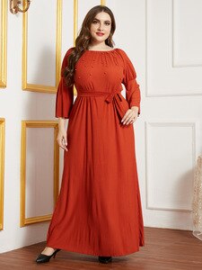 2021 Spring Abaya Dubai Muslim Dress Beading Pleated Elegant Party Dress Belted Loose Oversized Plus Size Women Clothing