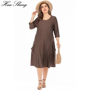 5XL 6XL Plus Size Loose Oversized Dress Women Summer O Neck Three Quarter Sleeve Solid Casual Dress Pockets Ladies Tunic Dresses