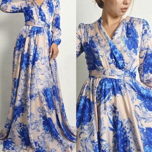 2021 Summer Sundress Women V Neck Long Sleeve Floral Print Casual Dress High Waist Maxi Long Dress Plus Size Women Clothing