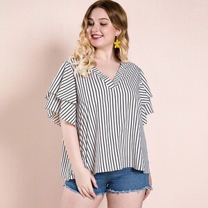 Striped Blouse Women 2020 Fashion Summer V Neck Ruffles Short Sleeve Casual Blouse Plus Size Ladies Tunic Tops