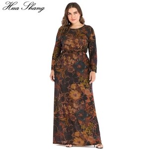 6XL Plus Size Retro Vintage Dress Women Autumn Winter Long Sleeve Floral Printing Maxi Long Dresses Ladies Muslim Abaya Dress