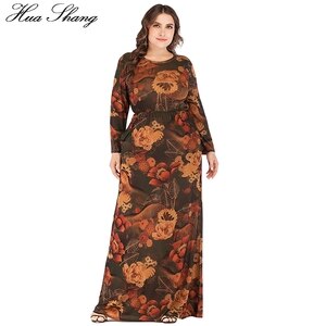 4xl 5xl 6xl Maxi Dress Plus Size Women Winter Long Sleeve Retro Printing Vintage Dress Pockets Floor Length Tunic Party Dresses