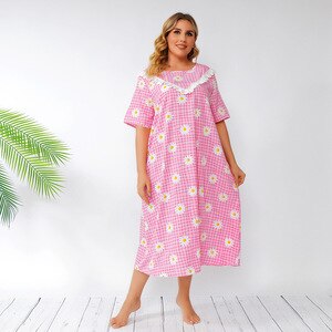 4XL 5XL Plus Size Night Dress Women Summer Short Sleeve Floral Print Casual Sleepwear Dress Pink Loose Oversized Home Clothes