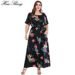 5xl 6xl Plus Size Dress Summer 2019 Women O Neck Short Sleeve Floral Print Boho Dress Belted Ladies Tunic Maxi Long Dresses