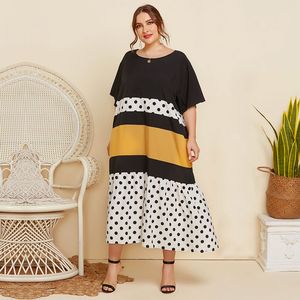Loose Oversized Plus Size House Dress Women Summer Short Sleeve Polka Dot Print Contrast Color Elegant Dress Smocked Maxi Dress