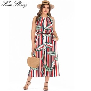 6xl Plus Size Jumpsuit Summer 2019 Women Halter Neck Sleevless Leaves Striped Print Boho Beach Rompers Pockets Wide Leg Jumpsuit