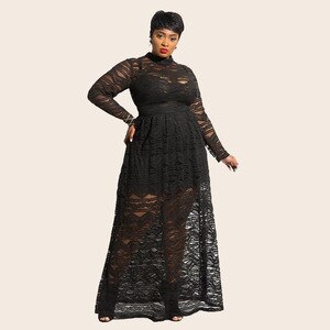 Black Lace Hollow Out Sexy Party Dress Women Summer Long Sleeve Maxi Long Dress Plus Size 5XL High Waist Long Dresses