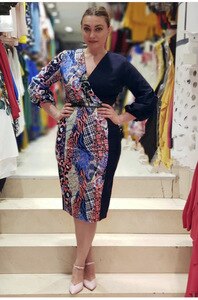 2021 Summer Dress Women V Neck Three Quarter Sleeve Retro Print Patchwork Elegant Pencil Dress Plus Size Ladies Office Dresses
