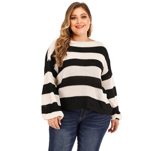 Loose Oversized Sweater Women Autumn Winter Lantern Long Sleeve White And Black Striped Knit Sweater Plus Size Women Clothing