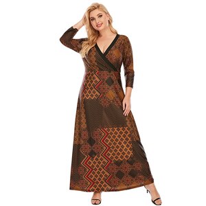 2021 Spring Dress Plus Size Women V Neck Long Sleeve Retro Printing Vintage Dress High Waist Maxi Muslim Dress Islamic Clothing