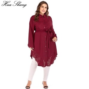 Red Women Shirts Blouses Plus Size 4XL 5XL 2018 Autumn Muslim Long Sleeve Hollow Out Crochet Floral Irregular Tops Long Shirts