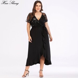 Women Summer Casual Dress Plus Size Female V Neck Short Sleeve Sequied Party Dresses Ruffles Irregular Maxi Long Dress