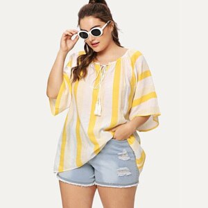 Plus Size Women Summer Casual Blouse Hole O Neck Three Quarter Sleeve Striped Print Boho Beach Blouse Loose Ladies Tunic Tops