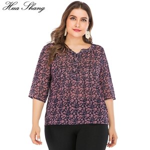 6XL Plus Size Chiffon Blouse Women Summer V Neck Half Sleeve Floral Print Causal Blouse Tops Irregular Ladies Tunic Tops