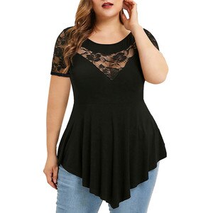 S-5XL Plus Size Tee Shirts Women 2021 Fashion Summer Elegant Lace Floral Hollow Out Short Sleeve Sexy Irregular Ladies Tops