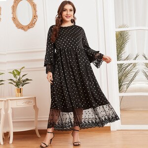 Plus Size Woman Dress 2021 Spring Summer Long Sleeve Polka Dot Print Lace Patchwork Elegant Party Dress Maxi Abaya Dubai Dresses