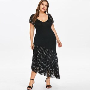 2020 Fashion Women Summer Dress Plus Size Black V Neck Short Sleeve Polka Dot Print Patchwork Long Dress Maxi Boho Beach Dresses