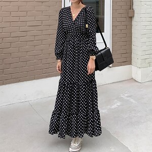 Korean Fashion Dress Women 2020 Summer V Neck Long Sleeve Polka Dot Print Ruffles Dress Plus Size Black Maxi Long Dresses