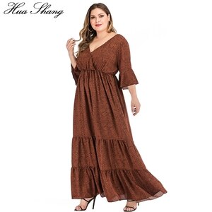 5XL 6XL Plus Size Dress Women Summer V Neck Flare Sleeve Leopard Print Boho Beach Dress Ruffles High Waist Maxi Long Dresses
