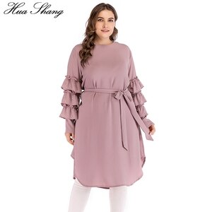 4XL 5XL Plus Size Chiffon Blouse Pink Women Summer Ruffles Beading Long Sleeve Tunic Long Tops Turkey Belted Irregular Shirts