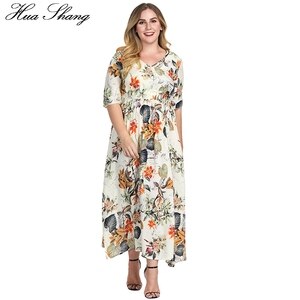 Floral Summer Dress Plus Size Women Maxi Long Dresses Large Size Print V-neck Button Elastic Waist Tropical Tunic Beach Dress