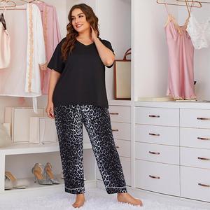 4XL Plus Size Sleepwear Women Sets Spring Autumn Short Sleeve Tops Leopard Trouser Suits Big Size Women’s Home Clothes