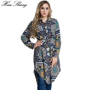 Women Autumn Winter Long Sleeve Shirt Retro Floral Print Vintage Irregular Long Blouse Plus Size Asymmetric Hem Belted Tunic Top
