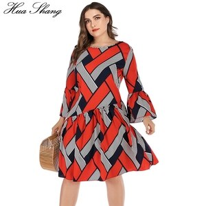 5XL Plus Size Casual Dress Women Long Sleeve Plaid Striped Print Patchwork Midi Dress Red Ladies Tunic Ruffles Beach Dresses