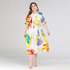 Colorful Print Elegant Shirt Dress Women 2020 Fashion Summer Short Sleeve Casual Dress Plus Size Maxi Long Dresses