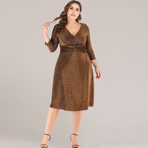 Sequined Party Dresses For Evening 2018 Women V Neck Three Quarter Sleeve High Waist Midi Dress 5XL 6XL Plus Size Women Clothing