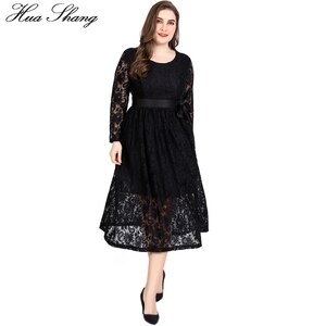 Black Lace Dress Plus Size 6XL Women Autumn Winter Long Sleeve Hollow Out Sexy Party Dress Mid-Calf High Waist Maxi Long Dresses