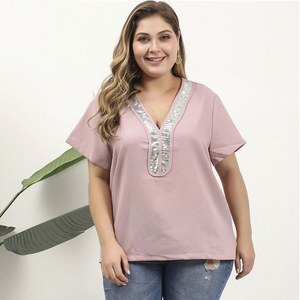 Plus Size Women V Neck Short Sleeve Casual Blouse 2020 Fashion Sequined Patchwork Chiffon Blouse Ladies Tunic Tops