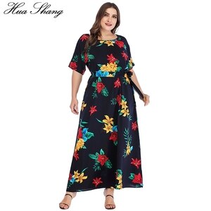 Plus Size Dress Floral 2019 Summer Women O Neck Short Sleeve Flower Print Boho Dress Maxi Belted Ladies Tunic Beach Dresses