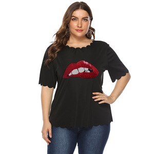 Plus Size Casual Blouse Women 2020 Fashion O Neck Short Sleeve Red Lip Sequined Elegant Blouse Ladies Tunic Tops