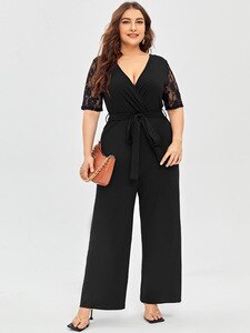 Plus Size Women Jumpsuits Rompers Summer Casual V-neck Overalls Jumpsuit Lace Short Sleeve Wide Leg Loose Jumpsuit