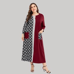 Plus Size Muslim Dress Women Spring Autumn Retro Printing Patchwork Elegant Dresses Pockets Loose Oversized Islamic Clothing