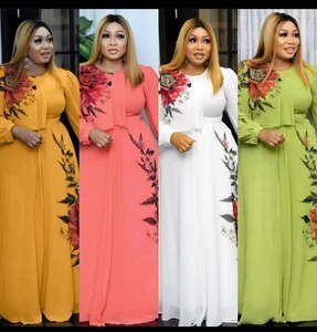 2021 Summer Long Sleeve Dress Plus Size Women O Neck Floral Print Chiffon Boho Beach Dresses Large Size Maxi Long Dresses