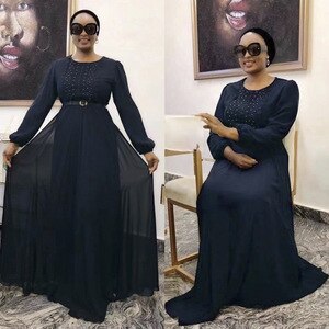 2021 Summer Long Sleeve Dress Women Lace Beading Patchwork Chiffon Long Party Dress Belted High Waist Plus Size Women Clothing