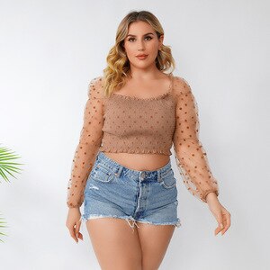4XL Plus Size Crop Top Women 2021 Fashion Summer Slach Neck Mesh See Through Long Sleeve Polka Dot Beach Tee Shirts