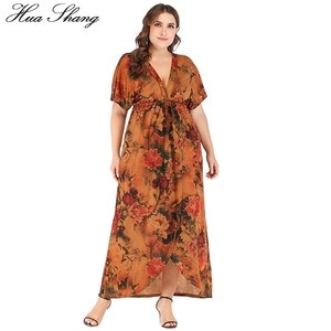 Plus Size Dresses For Women 4xl 5xl 6xl V Neck Short Sleeve Retro Printing Vintage Dress V Backless Split Front Sexy Long Dress
