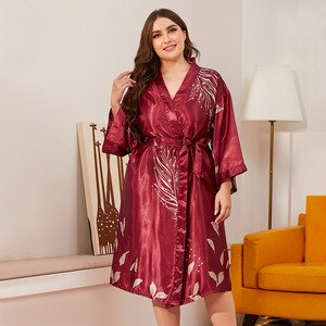 Plus Size Women’s Nightwear Robe Female Summer V Neck Long Sleeve Floral Print Satin Dress Kimono Women’s Home Clothes