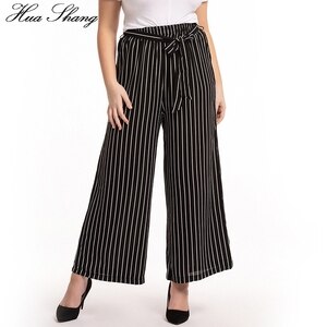 Plus Size Striped Pants Women Summer Belted High Waist Loose Wide Leg Pants Black Ladies Work Office Wear Casual Trousers