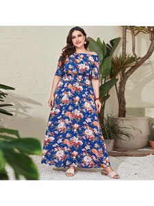 Spot Middle East plus-size bohemian new elasticated waist print suit dress woman Plus Size bodycon dress